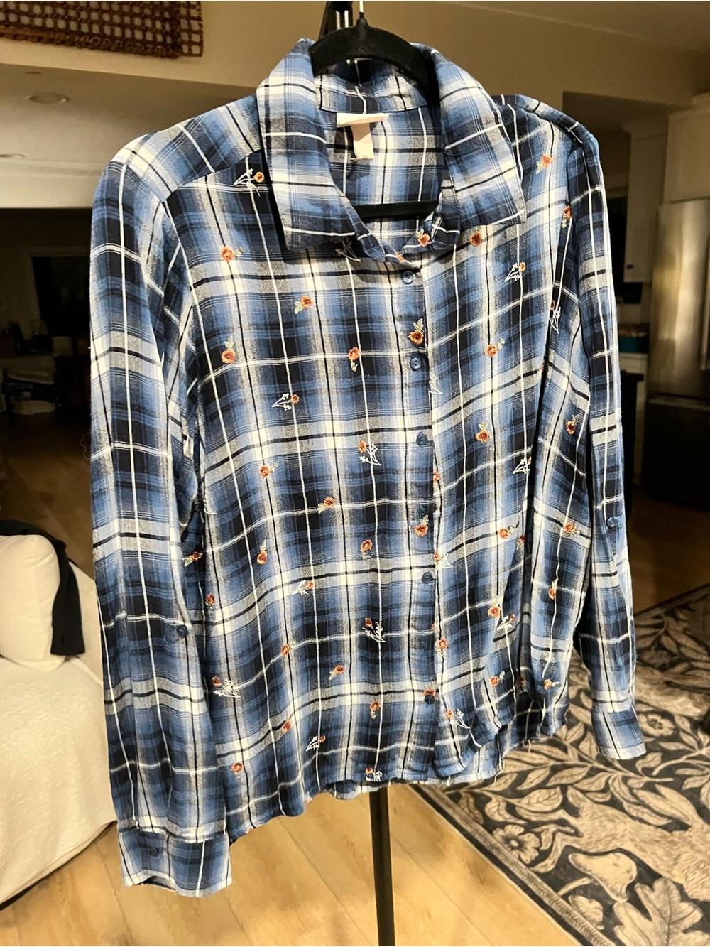 Knox Rose Blue Plaid Button-Down Shirt with Small Orange Floral Embroidery
